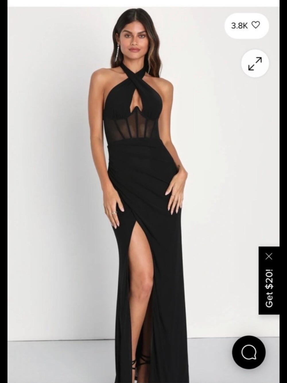 Black Halter Sheer-Panel Evening Dress